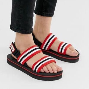 Hunter Original Beach Sandal Strap Hook Loop Red Black White Stripe Sz UK 10